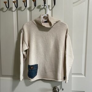 Cozy Cream Knit Sweater with Denim Accents